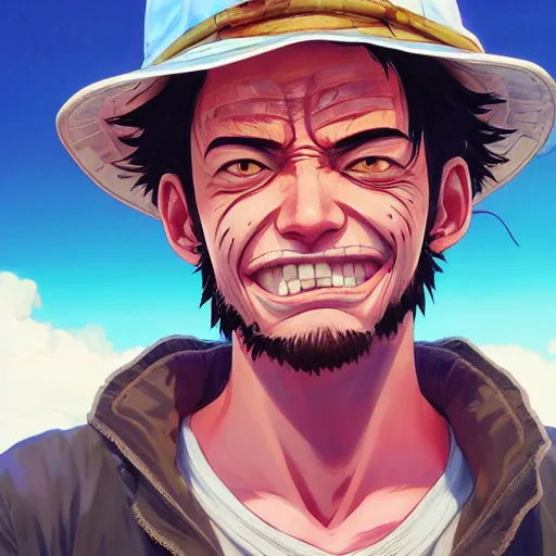 Image similar to highly detailed portrait luffy in gta v, stephen bliss, unreal engine, fantasy art by greg rutkowski, loish, rhads, ferdinand knab, makoto shinkai and lois van baarle, ilya kuvshinov, rossdraws, tom bagshaw, global illumination, radiant light, detailed and intricate environment