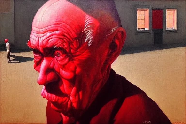 Image similar to only with red, a red old man try to sell a portrait, in a square, crowd cheers, in the style of beksinski, parts by edward hopper, parts by rodcenko, parts by yue minjun, intricate and epic composition, red by caravaggio, insanely quality, highly detailed, masterpiece, red light, artstation, 4 k