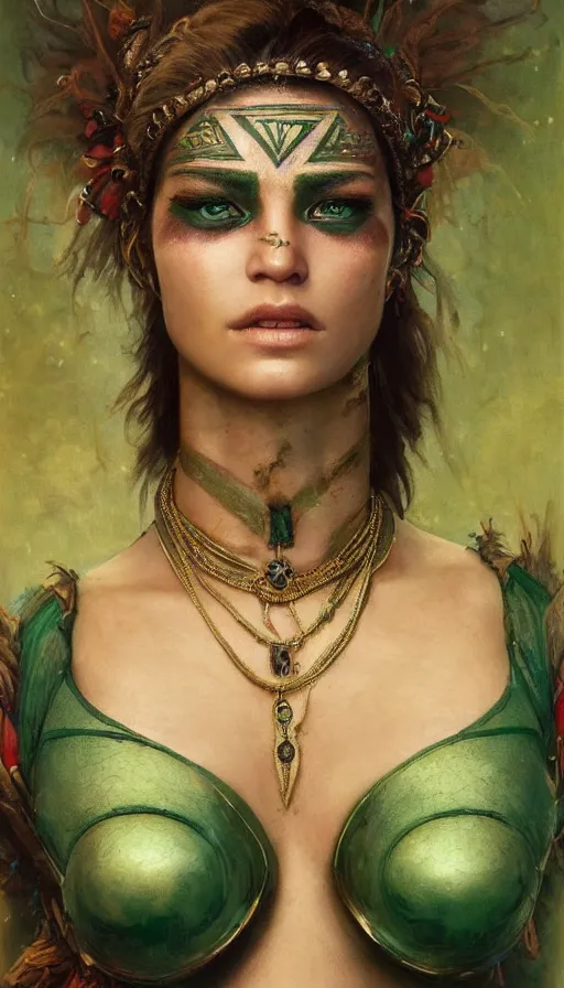 Image similar to epic masterpiece portrait of a beauty, tribal makeup and jewelry, sweaty skin, hyperrealistic, octane render, cinematic, beautiful face and flawless skin, perfect hands, emeralds by Edgar Maxence and Ross Tran and Michael Whelan, Legends of Runeterra