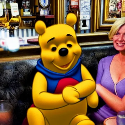 Image similar to winnie the pooh and a blonde woman enjoying a couple of pints in a pub together.