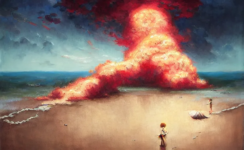 Image similar to explosion made of cotton on a beach, sea, fantasy, intricate, amazing composition, realistic, by ruan jia, by maxfield parrish, by marc simonetti, by hikari shimoda, by robert hubert, by zhang kechun, gloomy