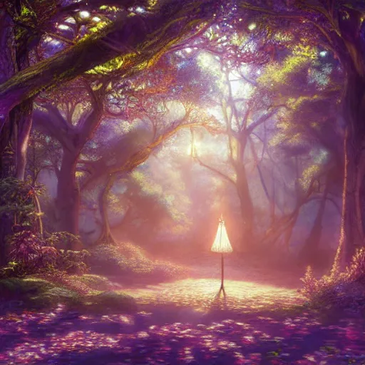 Image similar to the aesthetic view of the beautiful, grand, wistful, dreamy hidden forest at dusk, hyperrealistic anime illustration by iralki nadar, colorful, extremely detailed, intricate linework, super sharp focus, bright colors, octopath traveler, studio ghibli, unreal engine 5 highly rendered, global illumination, radiant light, detailed and intricate environment