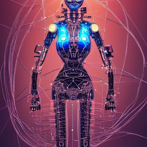 Image similar to a beautiful body of a bot pilot woman mostly made of wires and electronic circuits, an ultrafine detailed illustration by james jean, final fantasy, intricate linework, bright colors, behance contest winner, vanitas, angular, altermodern, unreal engine 5 highly rendered, global illumination, radiant light, detailed and intricate environment