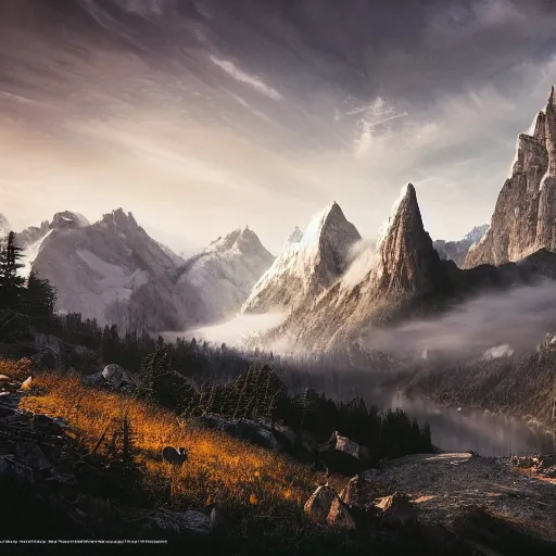 Prompt: photograph national geographic mountain landscape magic the gathering John Avon, black, atmospheric, 8k high definition