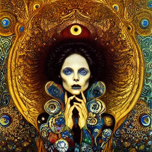 Image similar to Memento Mori by Karol Bak, Jean Deville, Gustav Klimt, and Vincent Van Gogh, beautiful visionary mystical portrait, calavera, otherworldly, fractal structures, ornate gilded medieval icon, third eye, spirals, jeweled calavera by Jean Delville