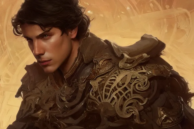 Image similar to handsome boy with brown hair, Wentworth Earl Miller III,D&D, fantasy, intricate, elegant, highly detailed, digital painting, artstation, concept art, matte, sharp focus, illustration, art by Artgerm and Greg Rutkowski and Alphonse Mucha