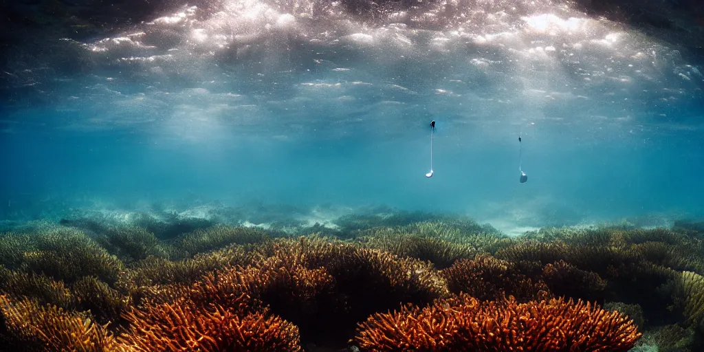 Prompt: a great photograph of the most amazing golf hole in the world, perfect light, under water, coral reef, ambient light, 5 0 mm, golf digest, top 1 0 0, fog