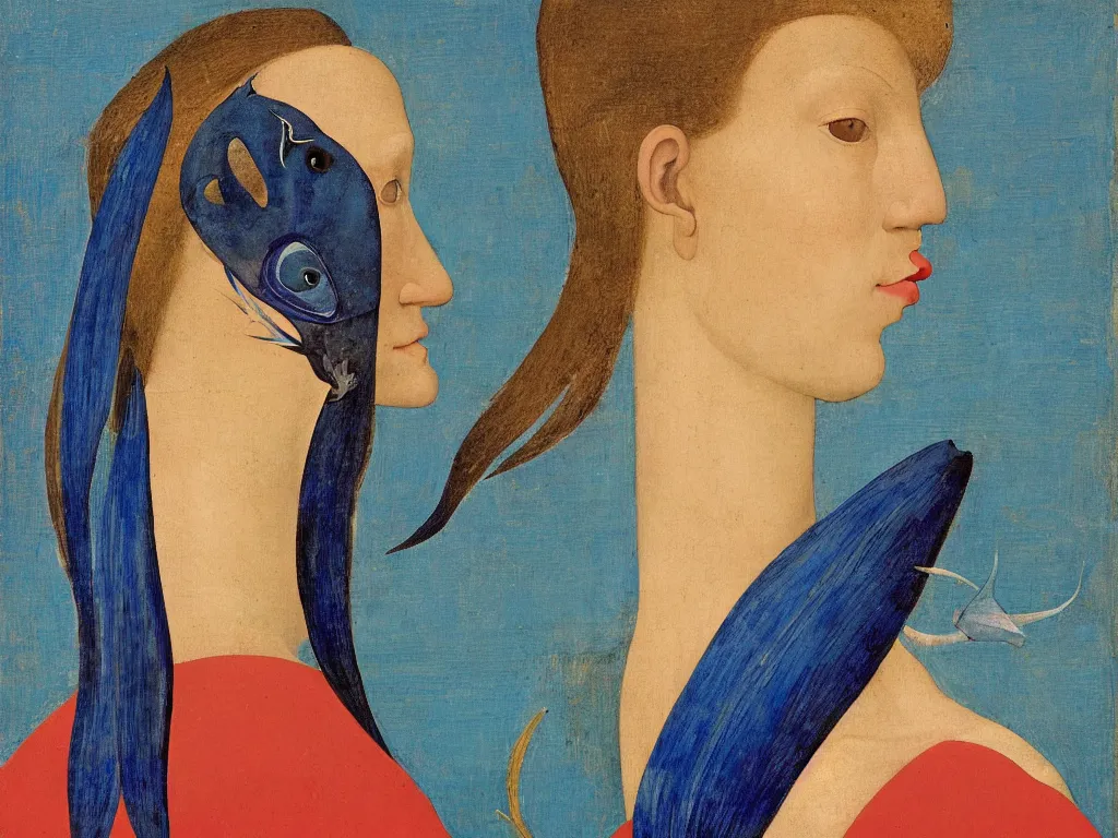 Prompt: portrait of a woman head with close up exotic southern blue devil fish. lapis lazuli, malachite, cinnabar, gold. painting by piero della francesca, balthus, agnes pelton