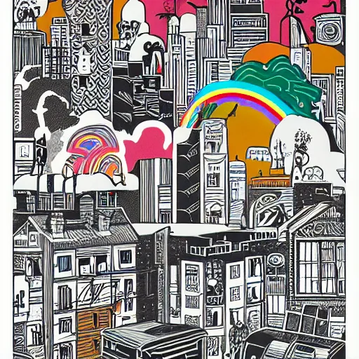 Image similar to kidpunk city, mcbess illustration, rainbow gouache