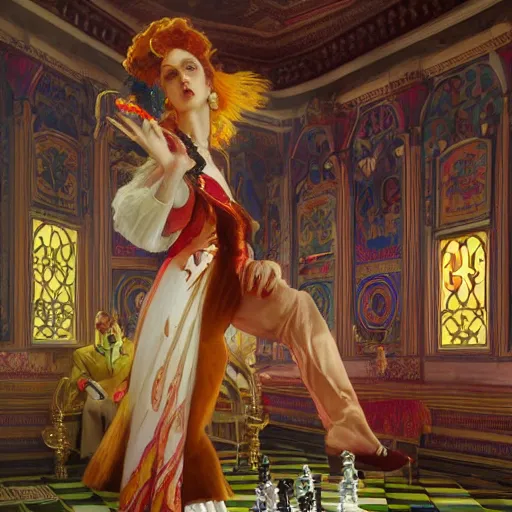 Image similar to a highly detailed art of chess game, neon colored suit, beautiful detail and color, art by john collier and albert aublet and krenz cushart and artem demura and alphonse mucha, volumetric lighting, octane render, 4 k resolution, matte, sharp focus, illustration, art by jacque - louis david, baroque style