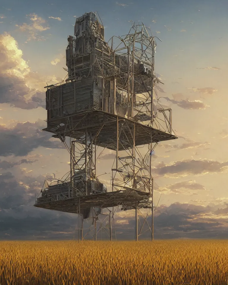 Prompt: wide shot of a tall and thin greebled structure hovering in the air 6 feet above a cornfield, late afternoon, golden hour, dramatic lighting, cinematic, highly detailed, smooth, sharp focus, concept art by greg rutkowski and artgerm and syd mead