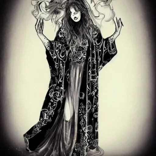 Image similar to black and white pen and ink!!!!!!! sorcerer beautiful attractive long hair Taylor Swift wearing High Royal flower print robes flaming!!!! final form flowing ritual royal!!! Contemplative stance Vagabond!!!!!!!! floating magic witch!!!! glides through a beautiful!!!!!!! Camellia!!!! Tsubaki!!! death-flower!!!! battlefield behind!!!! dramatic esoteric!!!!!! Long hair flowing dancing illustrated in high detail!!!!!!!! by Hiroya Oku!!!!!!!!! graphic novel published on 2049 award winning!!!! full body portrait!!!!! action exposition manga panel black and white Shonen Jump issue by David Lynch eraserhead and beautiful line art Hirohiko Araki!! Frank Miller, Kentaro Miura!, Jojo's Bizzare Adventure!!!! 3 sequential art golden ratio technical perspective panels horizontal per page