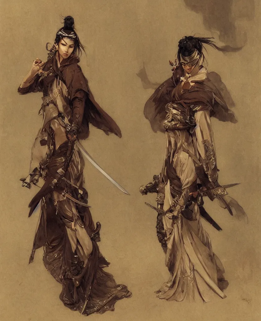 Prompt: modern elegant tanned female samurai ninja, with large engraved sword, abs, wide leg hakama trousers, by gaston bussiere, mucha, gerome, craig mullins, greg rutkowski, john singer sargent