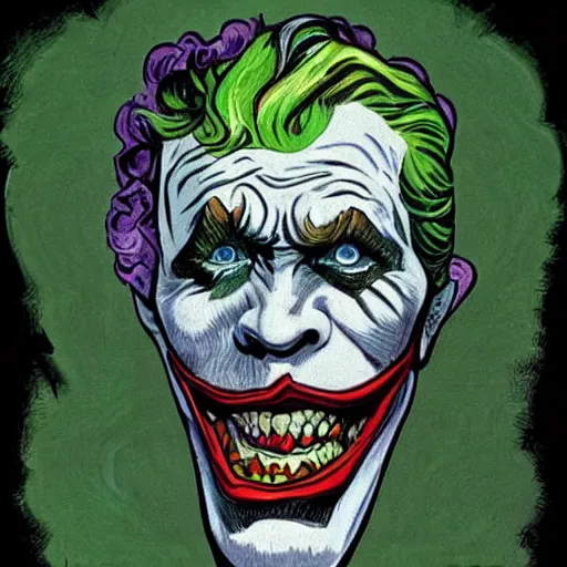 Prompt: portrait of the joker, mash - up between mc escher and vincent van gogh, marvel comics style