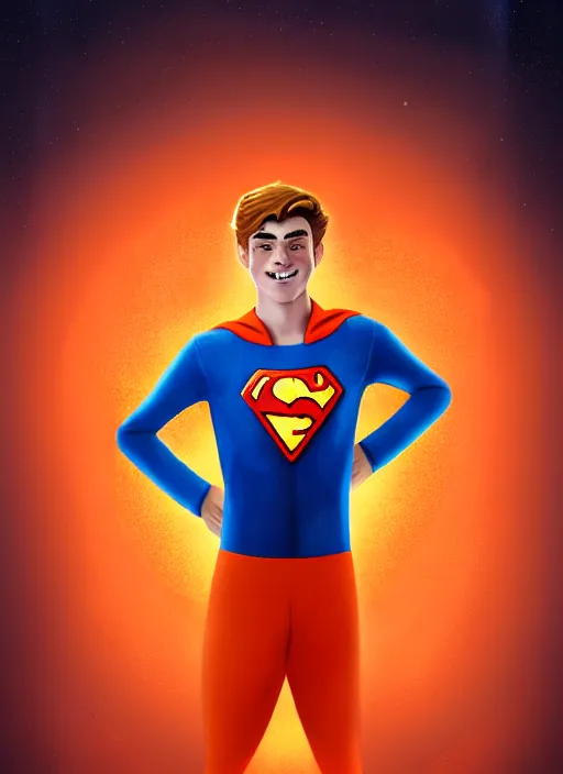 Image similar to friendly teenage archie andrews wearing an orange superhero costume with heart logo, heart, freckles, blue cape, heart emblem on chest, blue cape, intricate, elegant, glowing lights, highly detailed, digital painting, artstation, sharp focus, illustration, art by wlop, mars ravelo and greg rutkowski