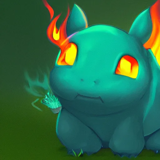 Prompt: a bulbasaur with fire powers, digital art, realistic,lava background