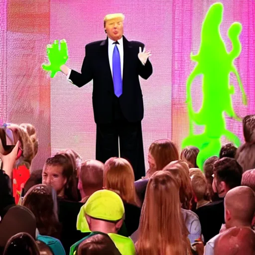 Image similar to donald trump making a speech while being slimed on nickelodeon kids choice awards, green slime, photography, cinematic shot,