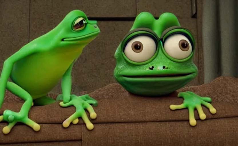 Prompt: still of sad Pepe the frog in the Pixar Movie from 2017, Pepe The frog reeeeeeeeeeeeee directed by John Lasseter cinematic shot parody movie bloopers