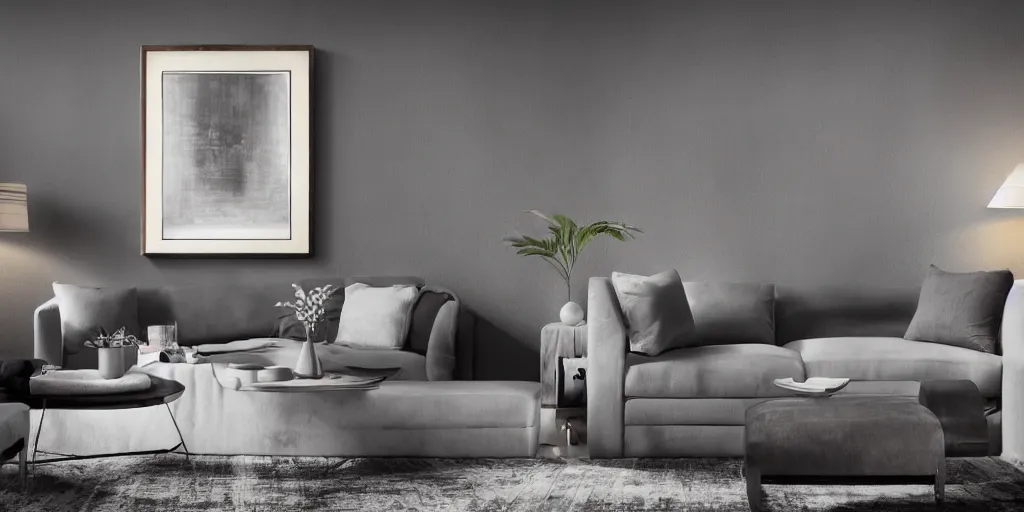 Prompt: interior design photograph of a framed oil painting in a contemporary space against a dark gray wall, realistic dramatic studio photography lighting hdr