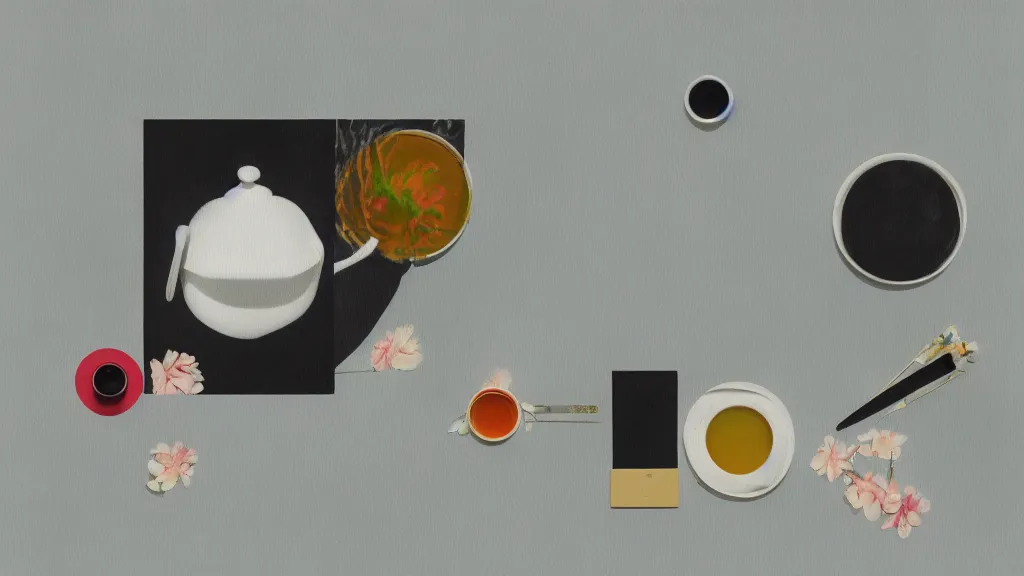 Prompt: a small tea setting, japan, a collage painting, in the style of wes anderson, lola dupre, david hockney, isolated on negative white space background dark monochrome neon spraypaint accents volumetric octane render