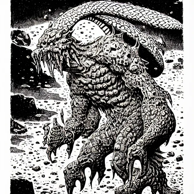 Image similar to オクタロック spitting rocks, as a d & d monster, pen - and - ink illustration, etching, by russ nicholson, david a trampier, larry elmore, 1 9 8 1, hq scan, intricate details, high contrast