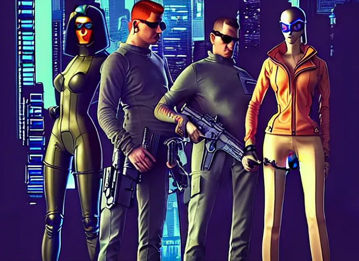 Prompt: cyberpunk spy squad. portrait by stonehouse and mœbius and will eisner and gil elvgren and pixar. character design. realistic proportions. cyberpunk 2 0 7 7 character art, blade runner 2 0 4 9 concept art. cel shading. attractive face. thick lines. the team. diverse characters. artstationhq.