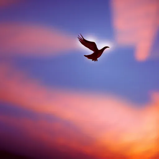 Prompt: Realistic shot of a radiant glowing dove flying over the clouds at sunset, ethereal, vintage photograph, film grain, surreal, awe-inspiring, highly detailed