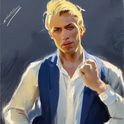 Prompt: greg manchess portrait of a blond man in a blue suit lying on the ground bleeding in an arena, profile picture, organic painting, sunny day, matte painting, bold shapes, hard edges, street art, trending on artstation, by huang guangjian, gil elvgren, ruan jia, randy vargas, greg rutkowski