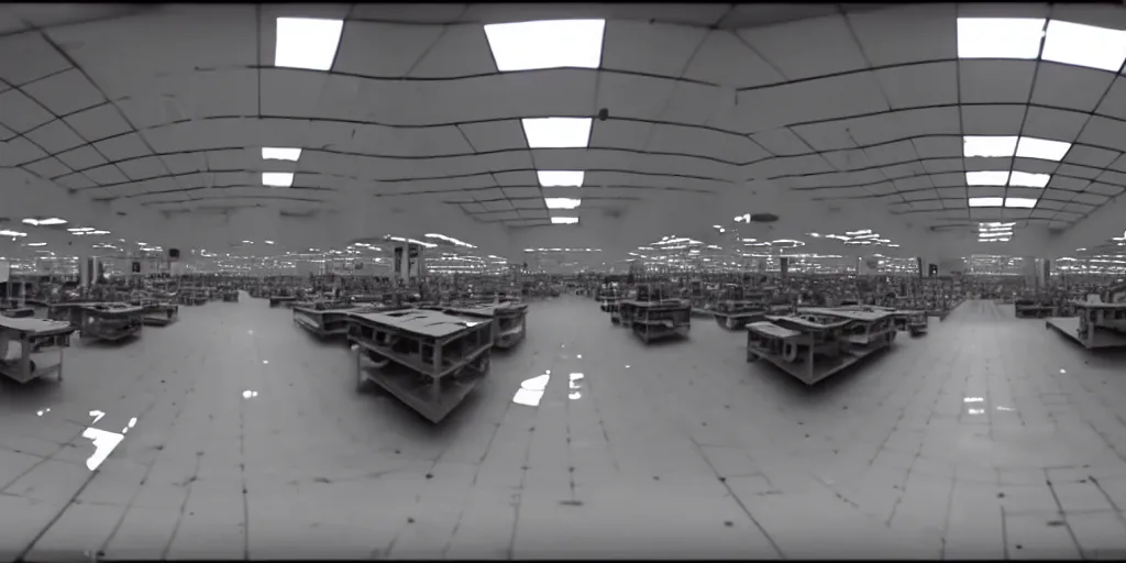 Image similar to abandoned human robot android factory in a mall, distorted 8 mm video still