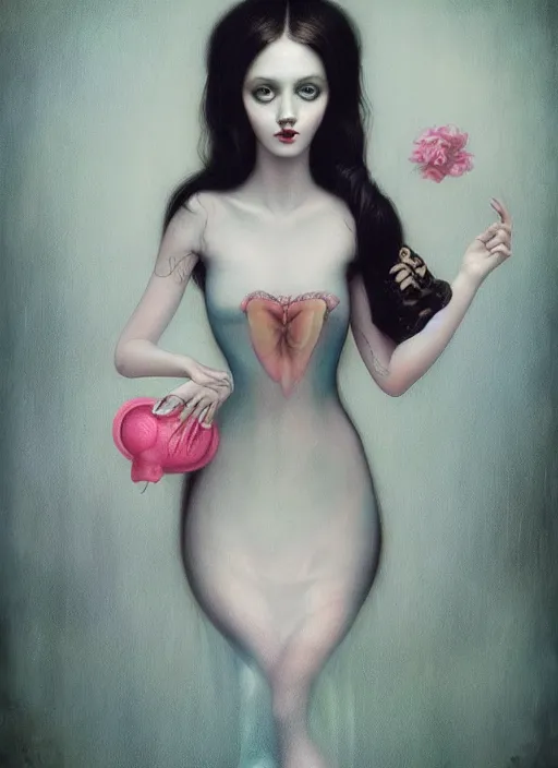 Image similar to pop surrealism, lowbrow art, realistic cute seductive female painting, romantic transparent gown, hyper realism, muted colours, rococo, natalie shau tom bagshaw, mark ryden, trevor brown style,