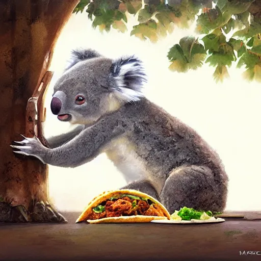 Image similar to a portrait of a koala eating a taco, concept art, trending on art station, by marc simonetti