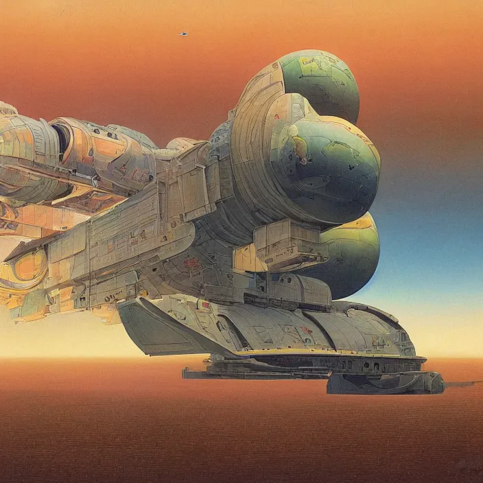 Prompt: chinese spacecraft, science fiction, extremely detailed, pastel colors, intricate, hard light, flat, illustration, volumetric lighting, digital painting, by roger dean, by santiago calatrava, by bruce pennington