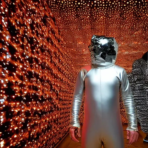 Image similar to photo, a man wearing a shiny chrome polygonal costume standing inside a yayoi kusama infinity mirror room