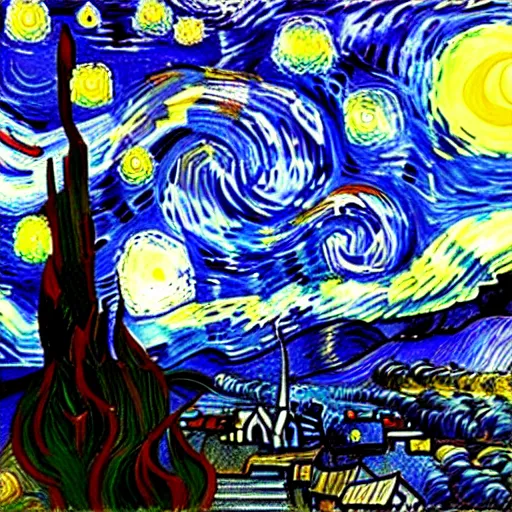 Image similar to a painting of a starry night over a martian cooling by vincent van gogh, featured on pixiv, futurism, sci - fi, post - impressionism, impressionism, painterly, detailed painting