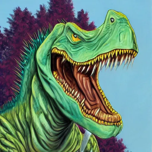 Image similar to a highly detailed painting of the fearsome human dinosaur hybrid the DonaldTrump-asaurus Rex