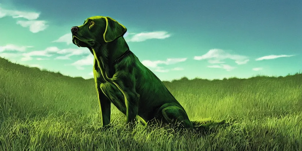 Prompt: hyperrealist, graphic novel illustration of a proud and mighty green alien labrador retriever with shaggy green fur with green dye sitting on a grassy hill, pulp 7 0's sci - fi vibes, 9 0's hannah barbara fantasy animation, cinematic, movie still, studio ghibli masterpiece