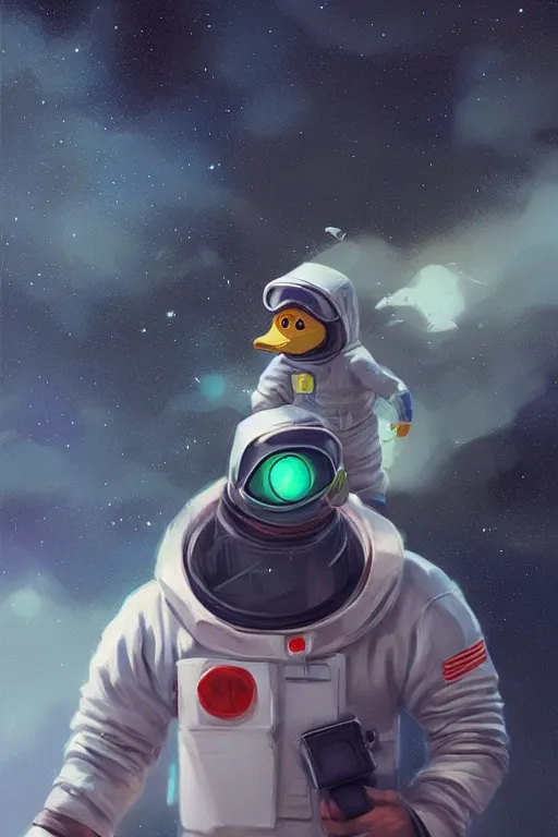 Prompt: Duck astronaut by Mandy Jurgens, digital painting, artstation, concept art, sharp focus, cinematic lighting, illustration, cgsociety