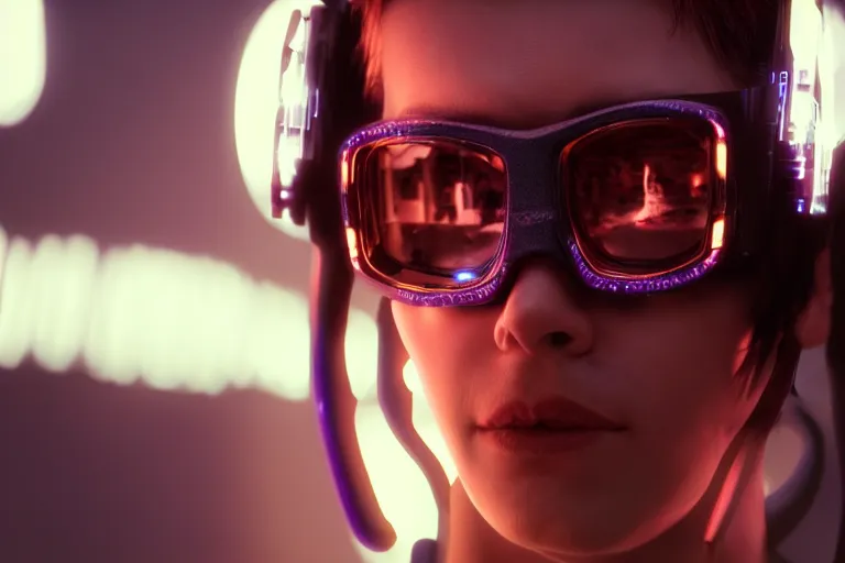 Prompt: VFX movie of a cyberpunk hacker closeup portrait in high tech compound artstation, goggles, beautiful natural skin neon lighting by Emmanuel Lubezki