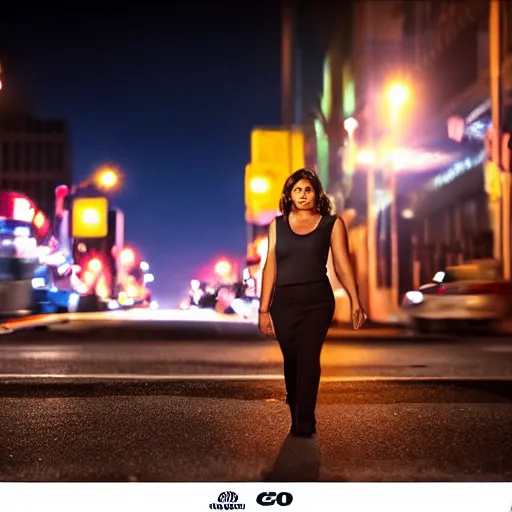 Image similar to a woman in a cinematic shot of los angelas at midnight, canon eos c 3 0 0, ƒ 1. 8, 3 5 mm, 8 k, medium - format print, inspired by roger deakins cinematography