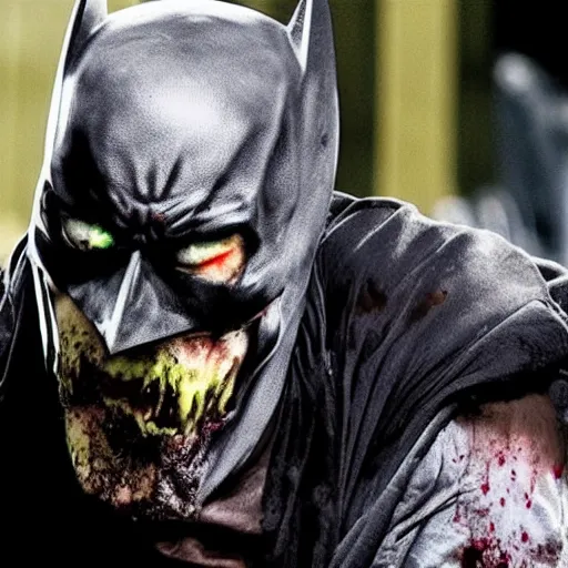 Prompt: Film still of zombified Batman, from The Walking Dead (2010 TV Show)