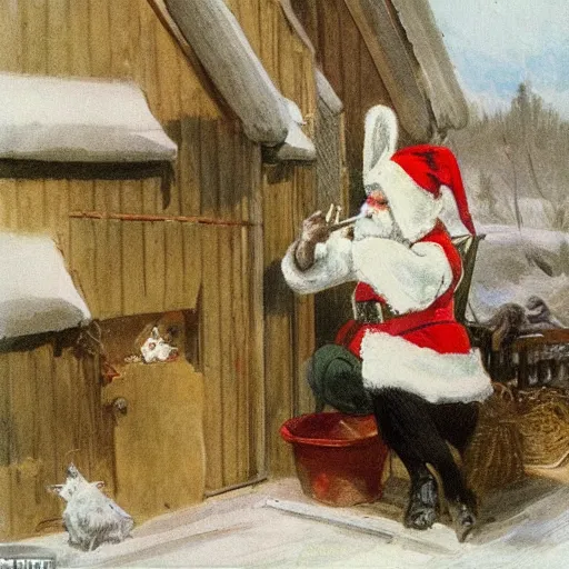 Prompt: a rabbit dressed as santa is eating porridge outside a cottage, in the style of anders zorn