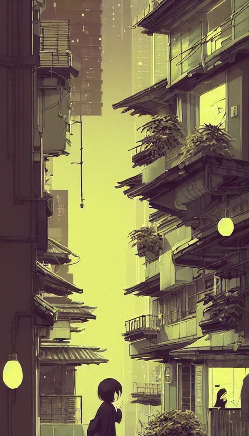 Image similar to hyper - realistic portrait of tokyo balcony at night, lots of signs and plants, in style of atey ghailan, by greg rutkowski, by greg tocchini, by james gilleard, by joe fenton, by kaethe butcher, dynamic lighting, gradient light yellow, brown, blonde cream and white color scheme, grunge aesthetic