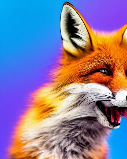 Prompt: rainbow fox yawning, portrait, blue background, 8 k, 8 5 mm f 1. 8