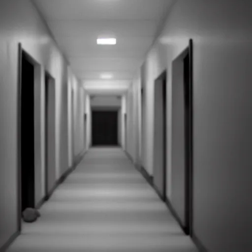 Prompt: ultrawide scene of an uncomfortably narrow hallway with cloud wallpaper, liminal space, photograph, film grain, dark creepy lighting