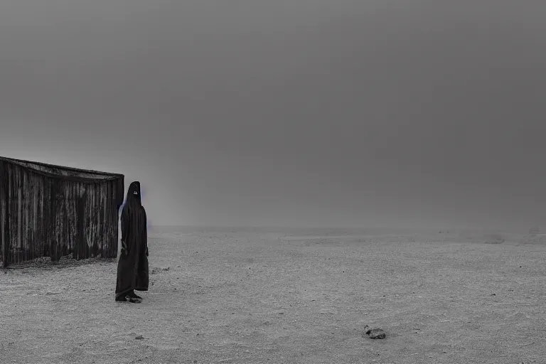 Prompt: a cinematic portrait of a prisoner dressed in a a black and white hazmat suit in a desert, dust storm, thunder and lightning, lee madgwick and zack snyder, 8 k, hd, high resolution, 8 5 mm, f / 1. 8