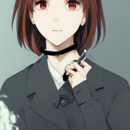 Image similar to portrait of a girl with short brown hair, wearing a white blouse and black choker, smoking a cigarette, drawn by WLOP, by Avetetsuya Studios, attractive character, colored sketch anime manga panel, unsaturated, dull colors, trending on Artstation