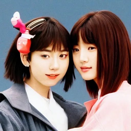 Image similar to 1990s, unbelievably beautiful, perfect, dynamic, epic, cinematic 8K HD movie shot of two semi-close-up japanese beautiful cute young J-Pop idols actresses girls, they express joy and posing together. By a Chinese movie director. Motion, VFX, Inspirational arthouse, high budget, hollywood style, at Behance, at Netflix, with Instagram filters, Photoshop, Adobe Lightroom, Adobe After Effects, taken with polaroid kodak portra