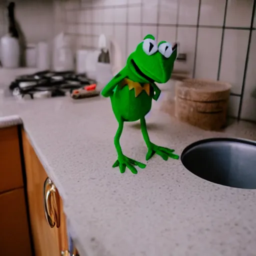 Prompt: kermit the frog and alf laughing on kitchen table. white powder in lines on mirror surface