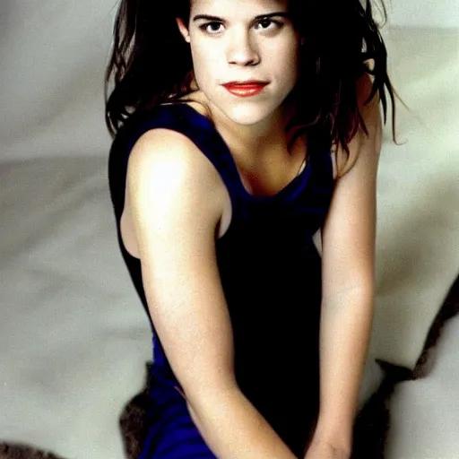 Prompt: young skinny actress Neve Campbell doing a late 1990s photoshoot