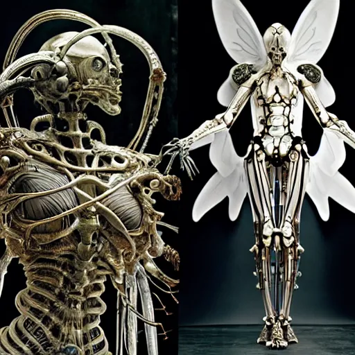 Image similar to still frame from Prometheus movie by Makoto Aida, biomechanical mantis angel archangel gynoid by giger, metal couture by neri oxmn and Guo pei, editorial by Malczewski and by Caravaggio